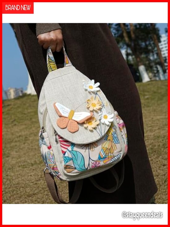 Boho Cotton Hemp Canvas Backpack Embroidered Casual Daypack Travel Purse Handbag main image 4
